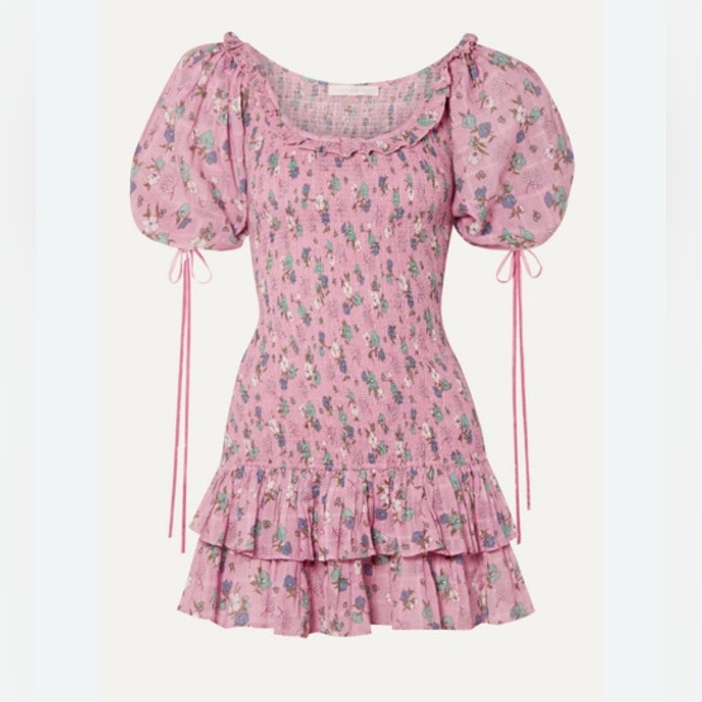 LoveShackFancy Violet Ruffled Hollywood Pink Floral Mini Dress, size M